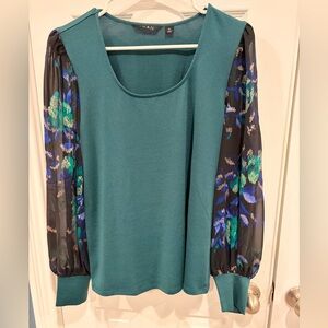 IMAN Dark Green Top with Floral Sheer Sleeves
